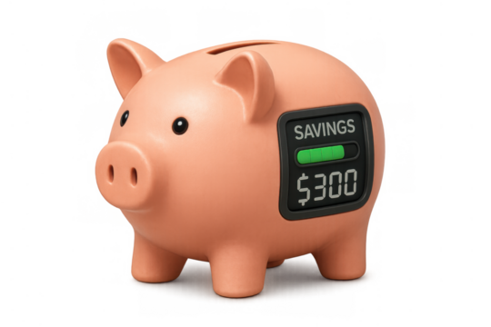 Piggy bank displaying digital savings account on a transparent background, showing money growth and financial investment