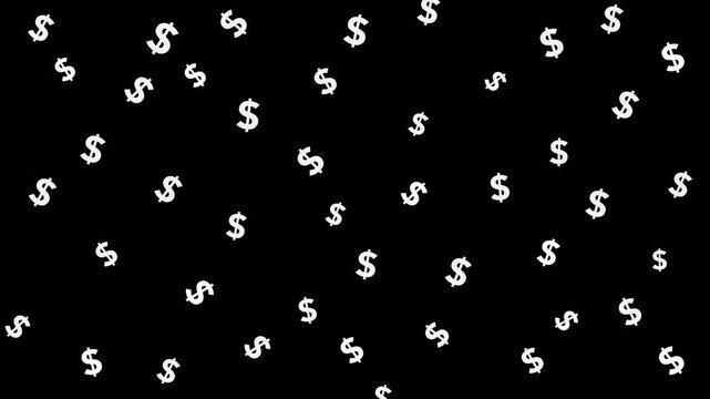 White dollar symbol pattern animation on a black background. The symbols gently rotate and subtly scale in and out randomly at intervals. Representing finance, currency, and economics