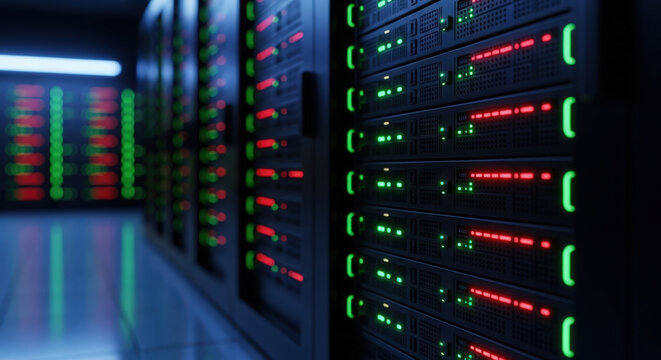Rows of server racks with flashing red and green lights in a modern data center indicating active network operations