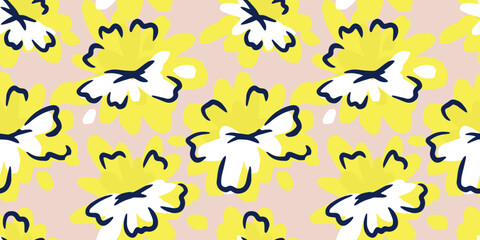 Seamless vector pattern with bold abstract yellow and white flowers outlined in navy on a soft beige background. Modern floral design for fabric, wrapping paper, and decor