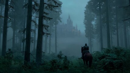 Medieval knight on horse approaching castle in mysterious forest