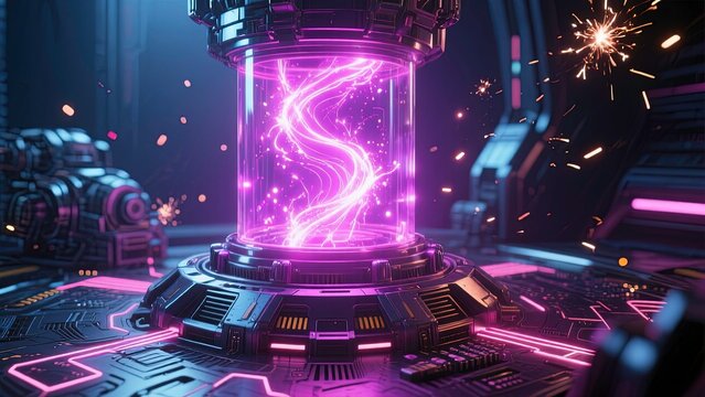 Futuristic sci-fi energy core glowing with intense neon pink and purple light at center
