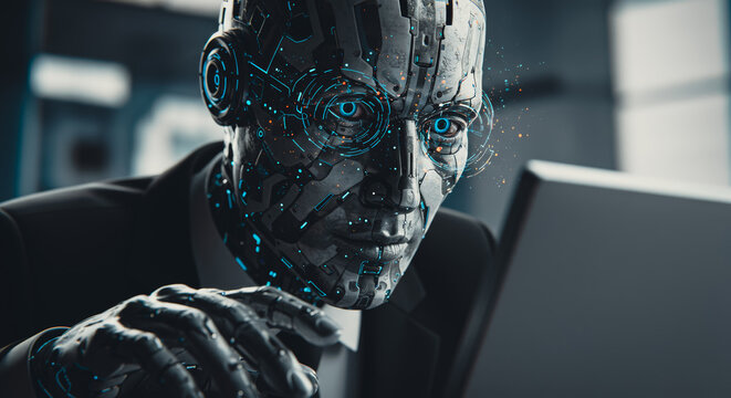 A cyborg executive at work in a modern office, a visual representation of the future of business and technology. 
