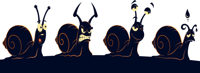 Cartoon snails with exaggerated emotions, expressive animal vector illustration for humor, decor, logo, editorial, kids design, and character development use