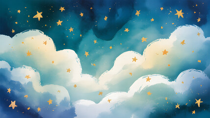 Whimsical watercolor night sky with fluffy clouds and twinkling golden stars creating a dreamy magical and serene atmosphere