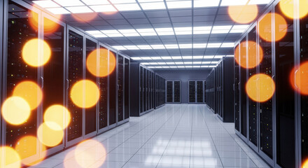 Data servers in a modern data center with glowing orange bokeh lights and bright ceiling lamps