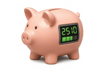 Piggy bank transforming into smart digital savings with screen displaying balance and progress, financial technology concept