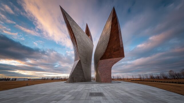 Modern abstract monument stands against a dramatic sky at dusk.