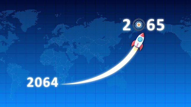 Rocket Ascending Towards 2065 Target Over Digital World Map launch goal