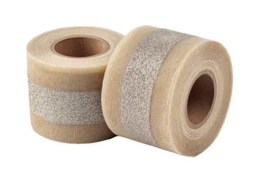 Two rolls of light beige adhesive tape with a textured, translucent band