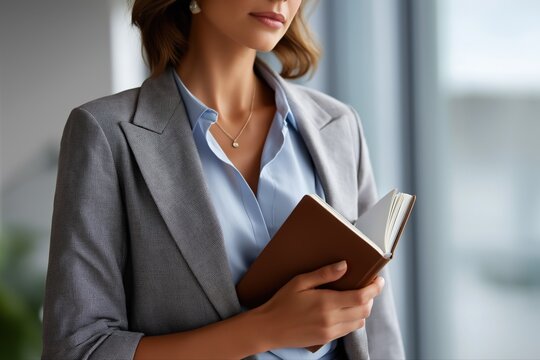 Young caucasian female professional holding notebook in office setting - Powered by Adobe