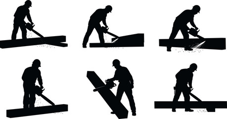 "Chainsaw Worker Silhouettes – Construction Labor with Protective Gear and Wood Cutting Poses"
