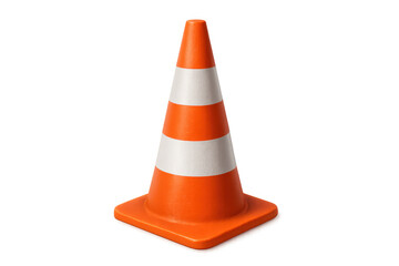 Orange construction traffic safety cone with white stripes directing vehicles and warning of road hazards transparent background