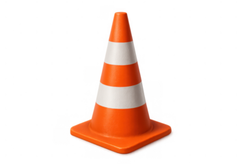 Orange construction traffic safety cone with white stripes directing vehicles and warning of road hazards transparent background