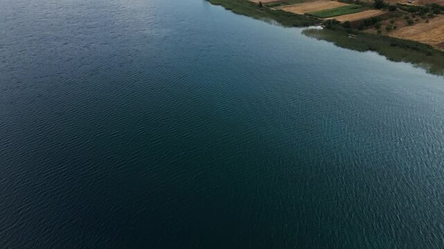 the big lake ohrid near the mountains in summer, beautiful sunlight and green meadow, lake ohrid, albania, europe, drone