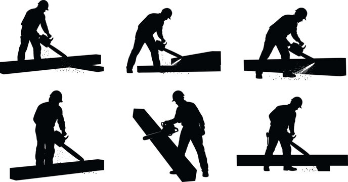 "Chainsaw Worker Silhouettes – Construction Labor with Protective Gear and Wood Cutting Poses" - Powered by Adobe