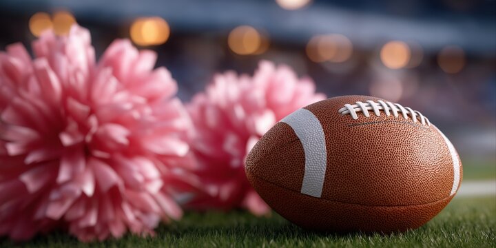 American football and pink pom poms on field under stadium lights