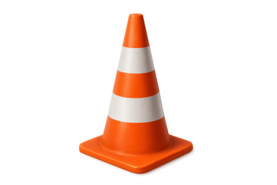 Orange construction traffic safety cone with white stripes directing vehicles and warning of road hazards transparent background