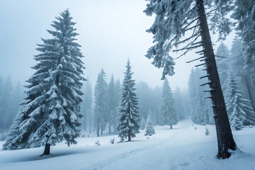 Obraz premium Snow covered pine trees in a peaceful winter forest landscape