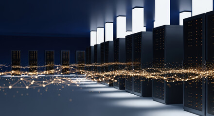 Servers in a data center transferring digital data with global network connections in a dark room
