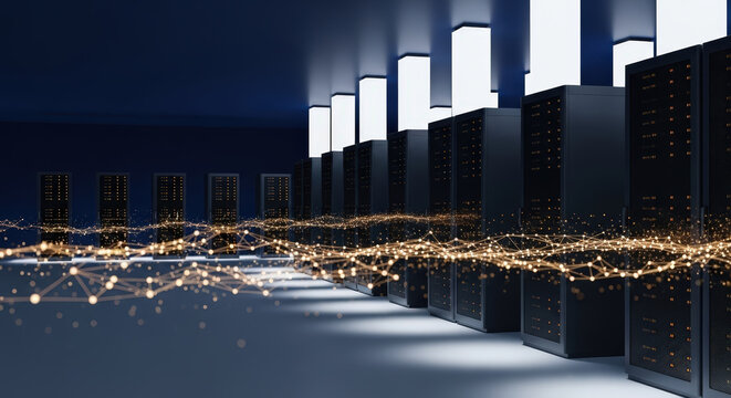 Servers in a data center transferring digital data with global network connections in a dark room