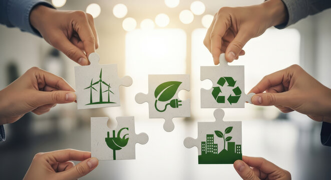 People holding puzzle pieces with green symbols for environment, sustainability, and renewable energy in an office setting
