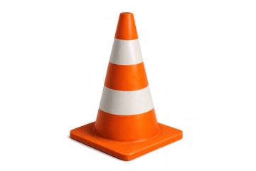 Orange traffic cone with white stripes standing, signaling roadwork, construction, and safety warnings on transparent background