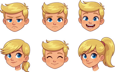 Children’s Facial Expressions – Cartoon Faces Showing Emotions and Hairstyles