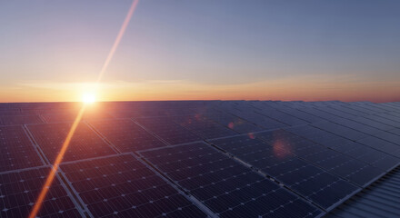 Solar panels capturing sunlight during a colorful sunset, creating renewable clean energy power generation