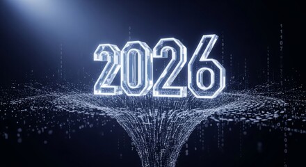 Futuristic 2026 digital matrix countdown for new year celebrations with glowing data streams, symbolizing innovation and technological advancements