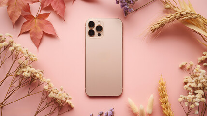 Elegant golden smartphone displayed flat lay style surrounded by delicate dried flowers and autumn leaves on a soft pink background