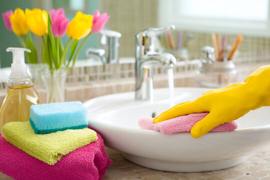 Bright bathroom cleaning with mirror, fresh flowers, and colorful sponges Generative AI