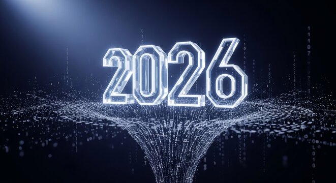 Futuristic 2026 digital matrix countdown for new year celebrations with glowing data streams, symbolizing innovation and technological advancements - Powered by Adobe