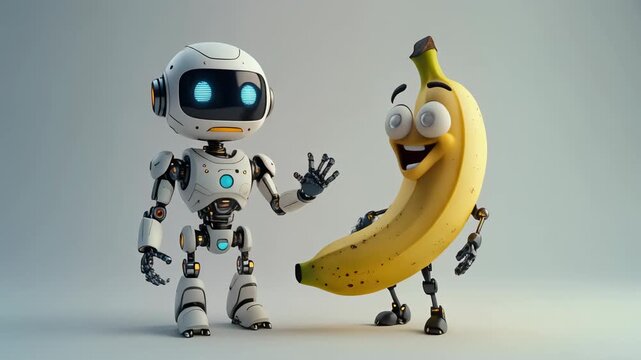 Robot and banana character interaction scene.