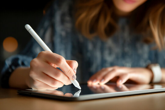 Person creates digital art using stylus on tablet in a cozy indoor space Generative AI