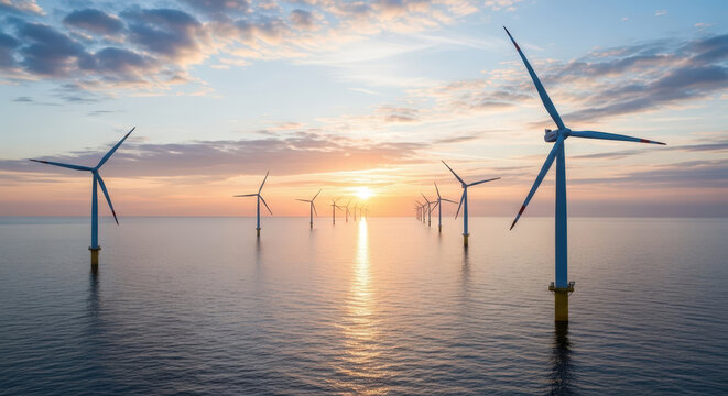 Multiple wind turbines in an offshore farm generating green power on the ocean at colorful sunset
