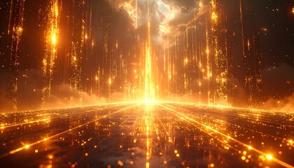 Futuristic golden light streaks through dark atmosphere