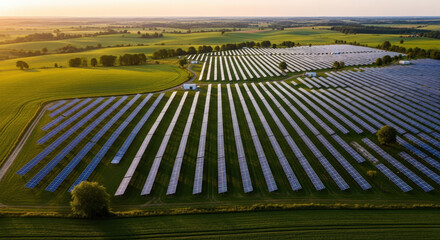 Vast solar panel park spans across green fields in rural countryside during golden hour generating clean power