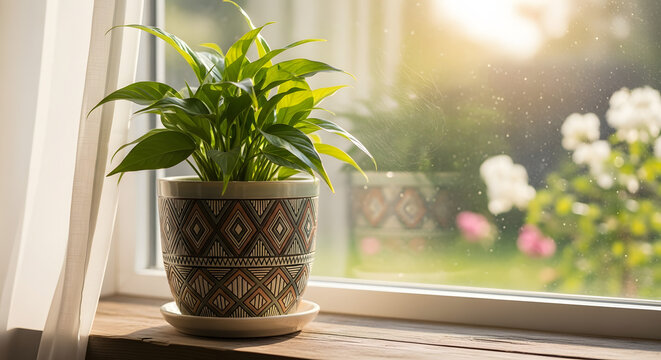 Golden pothos houseplant in a decorative pot on a windowsill in bright sunlight