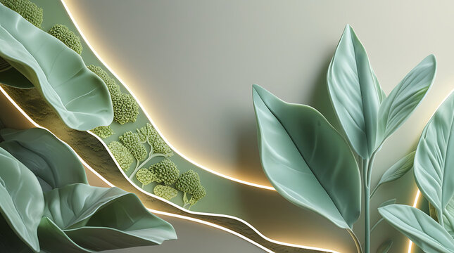 Serene abstract nature landscape with glowing lines and lush greenery - Powered by Adobe