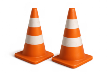 Two orange and white striped traffic cones warning of road work and construction safety on transparent background