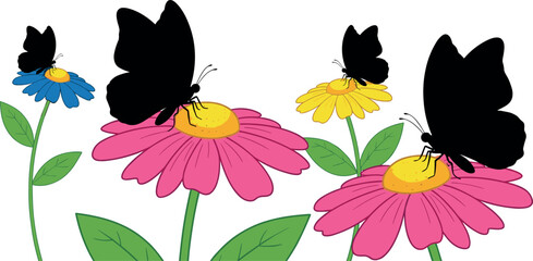 Colorful flowers with black butterflies, stylized nature vector illustration for decor, logo, editorial, kids design, and spring-themed artwork
