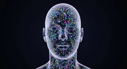 A human head with a digital circuitry overlay, featuring a mix of colors and patterns, set against a dark background.