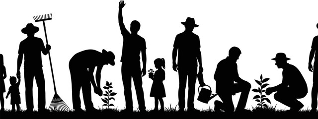 Community gardening, black and white silhouette, family farming, children planting, environmental education, teamwork outdoors, sustainable lifestyle, rural activity, nature care, garden tools