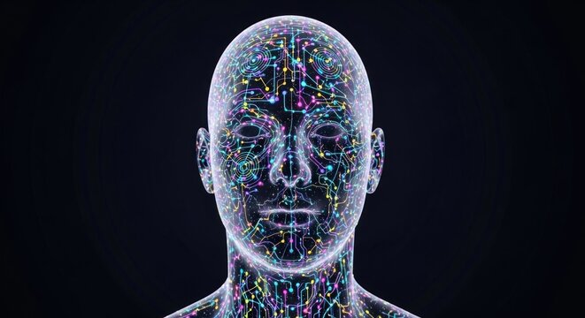 A human head with a digital circuitry overlay, featuring a mix of colors and patterns, set against a dark background. - Powered by Adobe