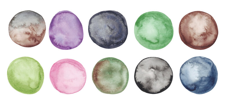 Watercolor Circles Set Isolated on White Background. Hand Painted Aquarelle Round Icons on Earth Colors
