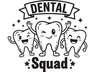 Cute cartoon dental squad with stars, isolated on white background