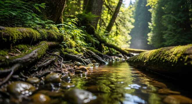 A serene forest stream with moss-covered rocks and trees, reflecting in the water, surrounded by lush greenery and a clear sky.