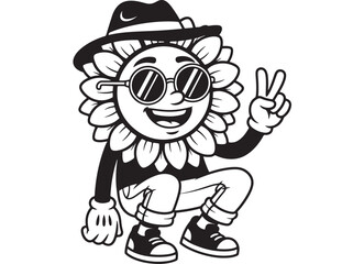 Cartoon sunflower character wearing a hat and sunglasses, crouching and making a peace sign, isolated on white background