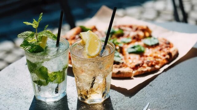 Two cocktails on an outdoor table next to a pizza by the pool.